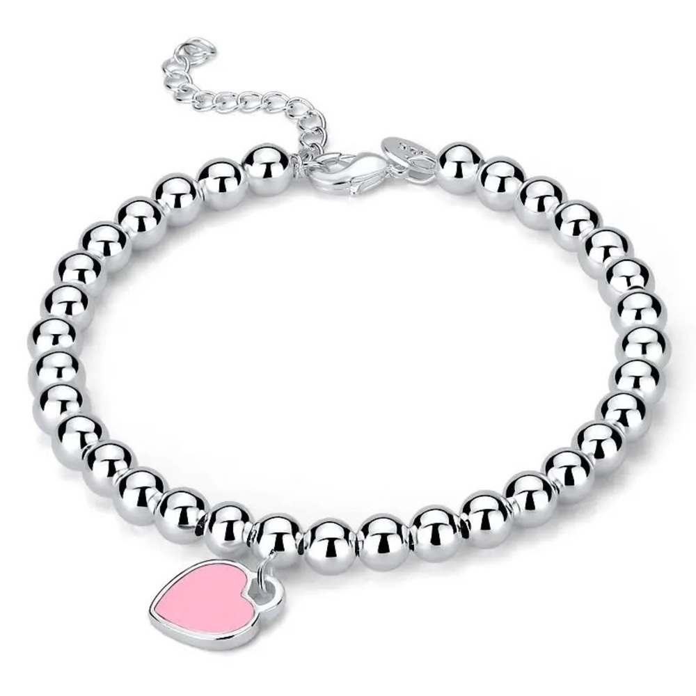 Zara Silver Heart Dangle Drop Silver Beads Pendant Chain Bracelet